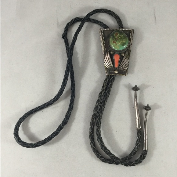 Vintage Turquoise and Coral Bolo c-31 Silver - Picture 2 of 7